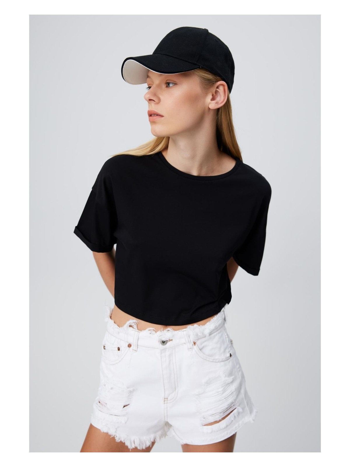 Babokah Kol Ucu Katlamalı Crop T-Shırt - Görsel 4