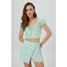 Babokah Çiçekli Balon Kol Crop Top