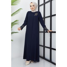 Hafsa Mina Büyük Beden Dantel Taş İşleme Detaylı Lacivert Ferace