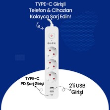 S-Link 1.5mt Akım Korumalı 3 Lü Grup Priz 100% Bakır 750 Joule 2 USB +1 Type C Girişli