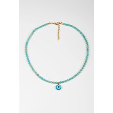 Lila Rosa Cam Göz Figürlü Turkuaz Doğal Taşlı Kolye