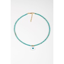 Lila Rosa Cam Göz Figürlü Turkuaz Doğal Taşlı Kolye