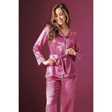 Loomerie 2190 Kadın Saten Uzun Kollu Pijama Takımı-Pembe