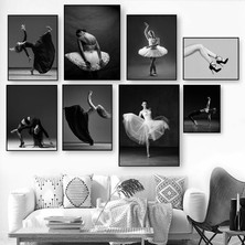 Trend Poster Bale Dans Kadın Siyah Beyaz 8'li Duvar Tablosu Retro Ahşap Poster