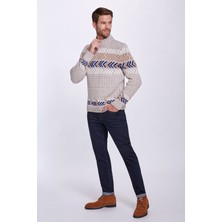 Hemington Çizgi Desenli Yarım Boğazlı Kum Rengi Merino Yün Kazak