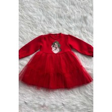 Bertuğ Bebek Kedili Kız Şeker Baskı Kız Çocuk Bebek Tül Kırmızı Krep Elbise