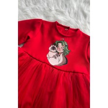 Bertuğ Bebek Kedili Kız Şeker Baskı Kız Çocuk Bebek Tül Kırmızı Krep Elbise