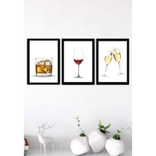 Trend Poster Siyah Çerçeve Görünümlü Viski Şarap Bar Köşesi 3'lü Duvar Tablosu Retro Ahşap Poster
