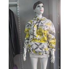 My Model 3 Iplik Oversize Baskılı Kapüşonlu Beyaz Sweat