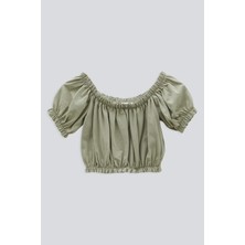 Babokah (Kids Girl) Yaka Kol Büzgülü Kısa Kol Crop T-Shırt