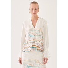 Perspective Anns Regular Fit V-Yaka Ekru Renk Bluz