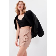 Vitrin Yandan Fermuarlı Fırfırlı Mini Etek