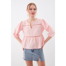 Vitrin Kolları Lastikli V Yaka Bluz