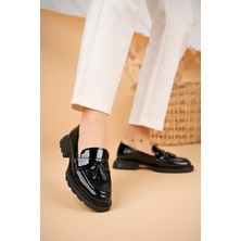 Marshetta Shoes City Siyah Rugan Püsküllü Kadın Loafer Ayakkabı