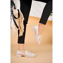 Marshetta Shoes City Bej Rugan Püsküllü Kadın Loafer Ayakkabı