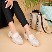 Marshetta Shoes City Bej Rugan Püsküllü Kadın Loafer Ayakkabı