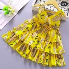 Modavals Limon Sarı Kardeş Kombin Çiçekli Kız Çocuk Elbise & Bandana Kombin