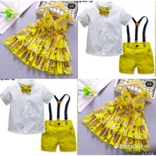 Modavals Limon Sarı Kardeş Kombin Çiçekli Kız Çocuk Elbise & Bandana Kombin