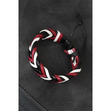 Bordo Beyaz Siyah Örgü Deri Erkek Bileklik - BJ-EB1846