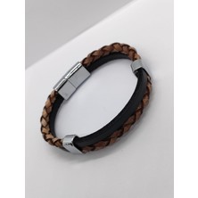 Sapphire Store Erkek Siyah-Bej Deri Örgü Bileklik