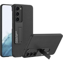 Case 4U Samsung Galaxy S23 Uyumlu Kılıf Kamera Korumalı Karbon Fiber Deri Görünümlü Kıpta Standlı Kapak Koyu Mor Siyah Karbon