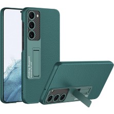 Case 4U Samsung Galaxy S23 Plus Uyumlu Kılıf Kamera Korumalı Karbon Fiber Deri Görünümlü Kıpta Standlı Kapak Koyu Mor Koyu Yeşil