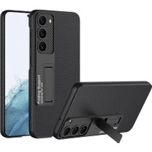 Case 4U Samsung Galaxy S23 Uyumlu Kılıf Kamera Korumalı Karbon Fiber Deri Görünümlü Kıpta Standlı Kapak Koyu Mor Siyah