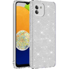 Case 4U Samsung Galaxy A03 Kılıf Çift Katmanlı Simli Shining Silikon Arka Kapak Gümüş