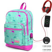 Yaygan Coral High Kids Su Yeşili Neon Pembe Flamingo Desenli Dört Bölmeli USB Şarjlı Kulaklık Çıkışlı Okul Sırt Çantası 23275