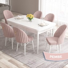 Canisa Concept Roz Serisi 80X132 Mdf Açılabilir Beyaz Mutfak Masası Takımı 6 Sandalye Gold Halkalı