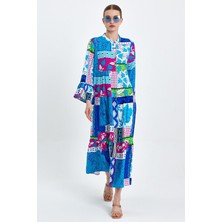 Cotton Mood VP5293 Hakim Yaka Desenli Uzun Kol Elbise A.mavı