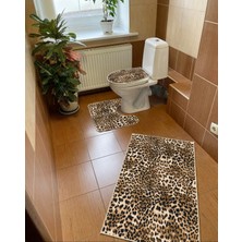 Modern Home Leopar 3'lü Set Banyo Paspası, Klozet Takımı Kaymaz Taban Dijital Baskı  60X100 - 50X60
