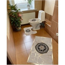 Modern Home Motifli Tasarım 3'lü Banyo Paspası, Klozet Takımı Kaymaz Taban Dijital 60X100-50X60
