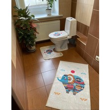 Modern Home Etnik Fil 3'lü Set Banyo Paspası, Klozet Takımı Kaymaz Taban Dijital Baskı  60X100 - 50X60