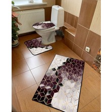 Modern Home Geometrik Desen 3'lü Set Banyo Paspası, Klozet Takımı Kaymaz Taban Dijital Baskı  60X100 - 50X60