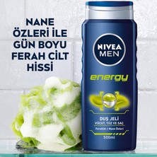 NIVEA Men Energy Duş Jeli 500ml; 3'ü 1 Arada Komple Bakım; Vücut; Saç ve Yüz için; Nane Özleri ile 24 Saat Ferah Cilt Hissi