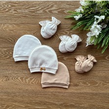 Renkli Puset Penye 3'lü Şapka 3'lü Eldiven Bebek Takım Benek Fiyonk