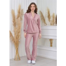 Nuseel V Yakalı Önü Açık Fitilli Kadife Bluz Pudra Rengi