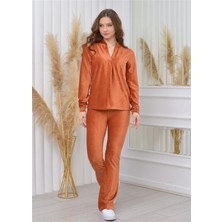 Nuseel V Yakalı Önü Açık Fitilli Kadife Bluz Kiremit Rengi