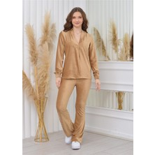 Nuseel V Yakalı Önü Açık Fitilli Kadife Bluz Bej Rengi