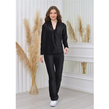 Nuseel V Yakalı Önü Açık Fitilli Kadife Bluz Siyah Renk