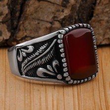 Takıhan Bordo Akik Taşlı Kuş Tüyü Detaylı 925 Ayar Gümüş Yüzük