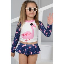 Podium Giyim Trend Flamingo Desenli Güneş Koruma Uzun Kol Crop Üst Mini Etek Bikini Altı Fırfırlı Bikini Takımı