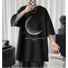Touz Moda Crescent Saturn Baskılı Siyah Oversize T-Shirt