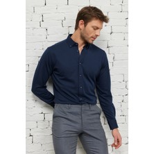 ALTINYILDIZ CLASSICS Erkek Lacivert Comfort Fit Rahat Kesim Düğmeli Yaka Pamuklu Gömlek