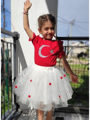 Novy Baby 23 Nisan Türk Bayraklı Omuzu ve Kolu Fırfırlı Tişört Kız Çocuk - 2-9 Yaş - 2088