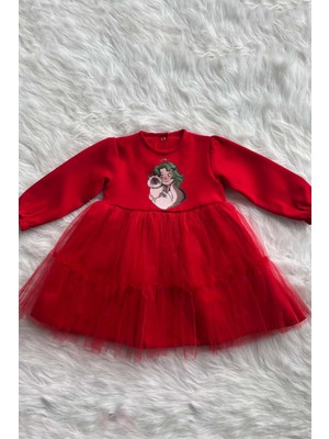 Bertuğ Bebek Kedili Kız Şeker Baskı Kız Çocuk Bebek Tül Kırmızı Krep Elbise
