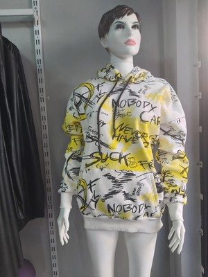 My Model 3 Iplik Oversize Baskılı Kapüşonlu Beyaz Sweat