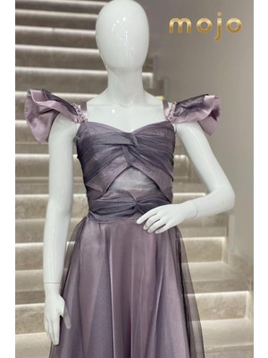 Erkut Bebe Erkut Abiye Düşük Kol Tafta Kumaş Uzun Abiye Elbise 643 Lila