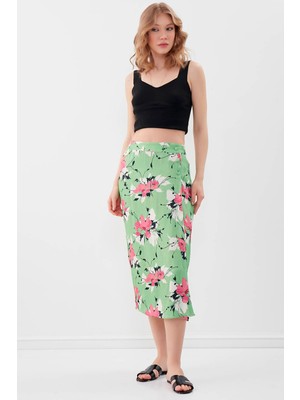 Vitrin Çiçekli Midi Boy Saten Etek